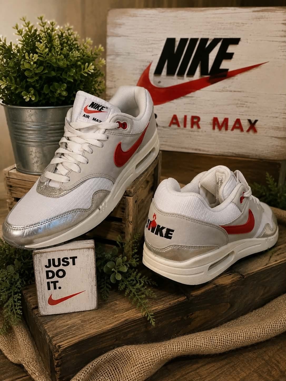Nike White and Red Air Max Sneakers with Silver Accents